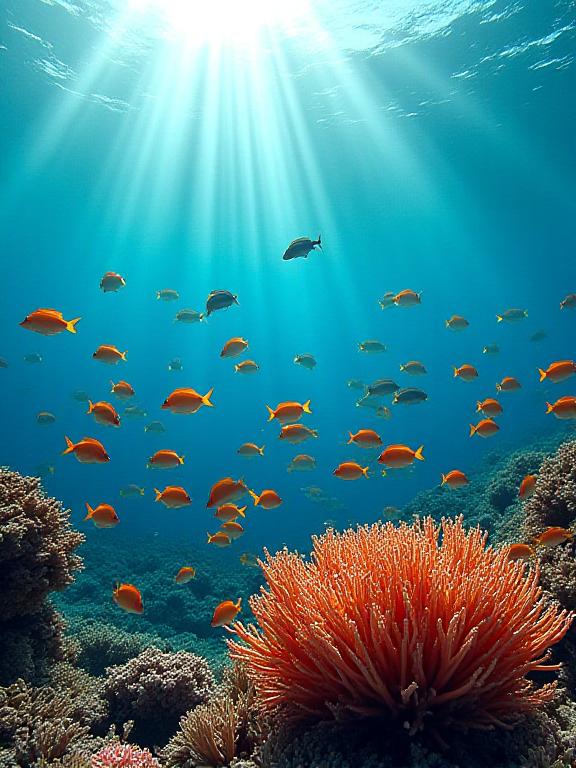 Banc de poissons nageant dans un récif corallien en bonne santé.