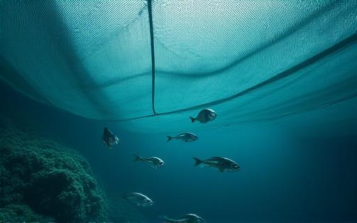 Vue sous-marine d'une ferme de bars en Méditerranée.