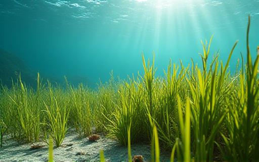 Herbier marin luxuriant sous l'eau, signe de la santé de l'écosystème.