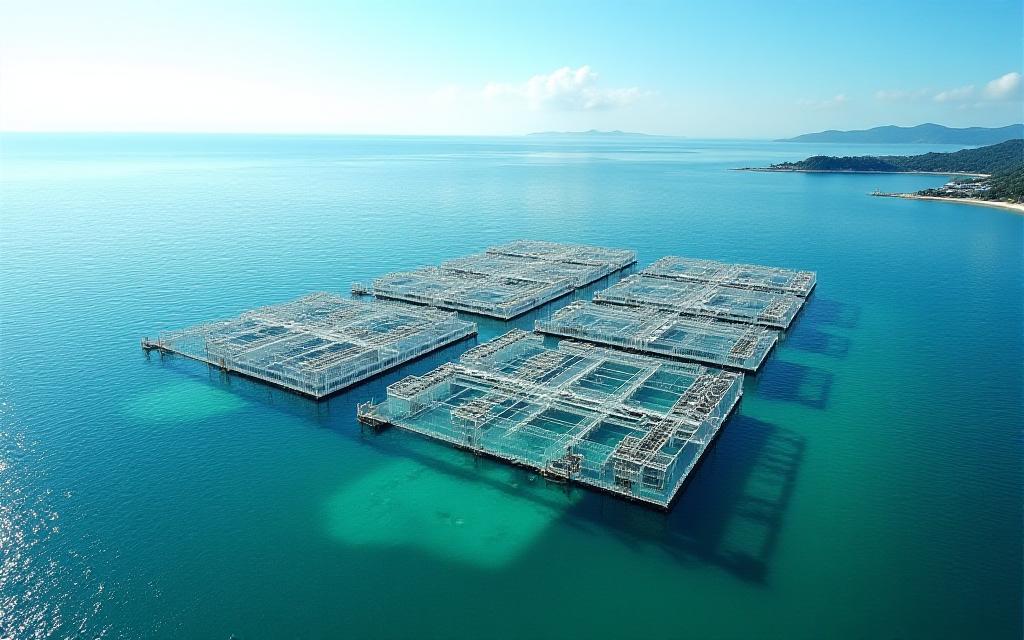 Vue aérienne d'une ferme aquacole moderne et propre dans des eaux claires.