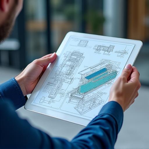 Ingénieur examinant les plans d'une installation aquacole.