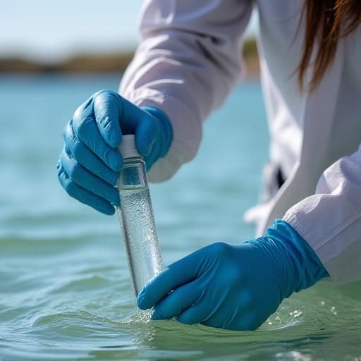 Biologiste marin prélevant un échantillon d'eau pour analyse.